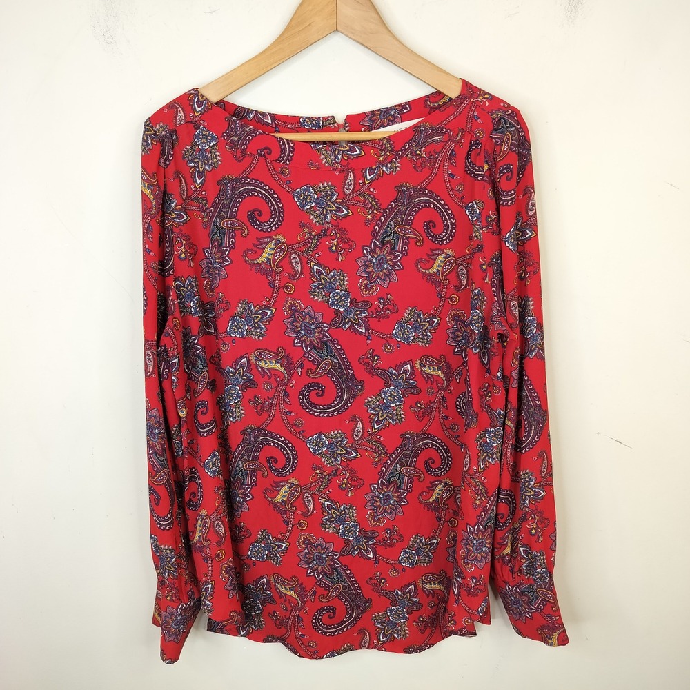 LOFT Paisley Floral Blouse Large Long Sleeve Red Boho Office Casual
